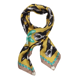 Boston Terrier Print Silk Scarf - Yellow & Mink