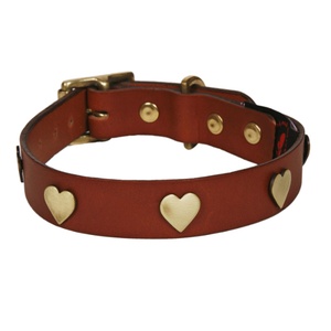 Brass Hearts Studs Leather Collar - Tan
