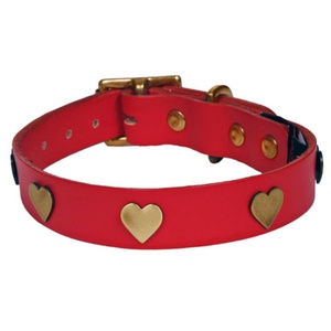 Brass Hearts Studs Leather Collar - Red