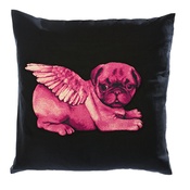 Pugs Might Fly - Biddy Pug Cushion Cover - Black with Neon Pink Pug