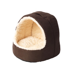Cream Faux Fur & Suede Hooded Cat Bed