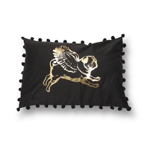 Flying Pug PomPom Cushion Cover - Black / Gold