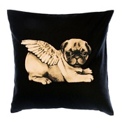 Pugs Might Fly - Biddy Pug Cushion Cover - Black with White Pug