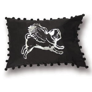 Flying Pug PomPom Cushion Cover - Black / Silver