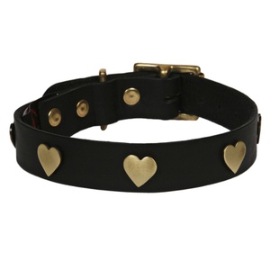 Brass Hearts Studs Leather Collar - Black