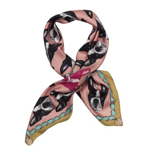 Boston Terrier Print Silk Scarf - Pink & Rich Olive