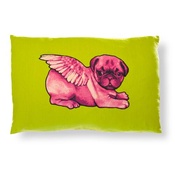 Pugs Might Fly - Biddy Pug Cushion Cover - Green with Neon Pink Pug