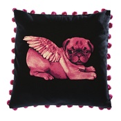 Pugs Might Fly - Biddy Pug Cushion Cover - Black with Neon Pink Pug