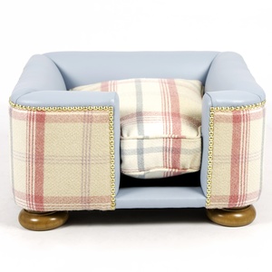 The Tetford Square Blue Leather & Sorbet Tweed Dog Bed