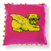 Pugs Might Fly - Biddy Pug Cushion Cover - Neon Pink with Green Pug